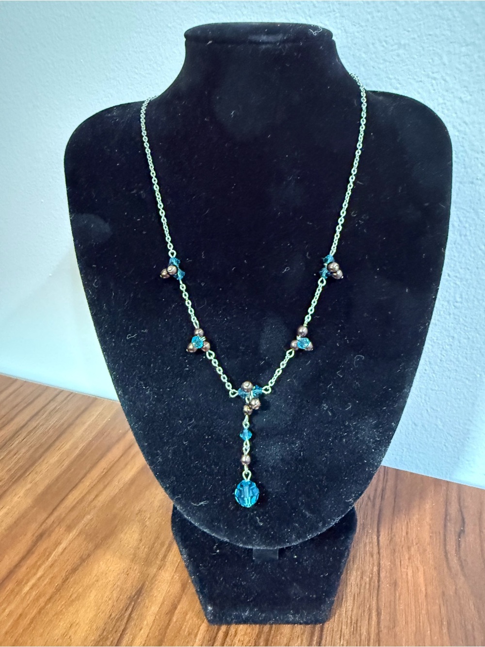 90’s Vintage Teal and Bronze Crystal Y-Necklace - Women Jewelry